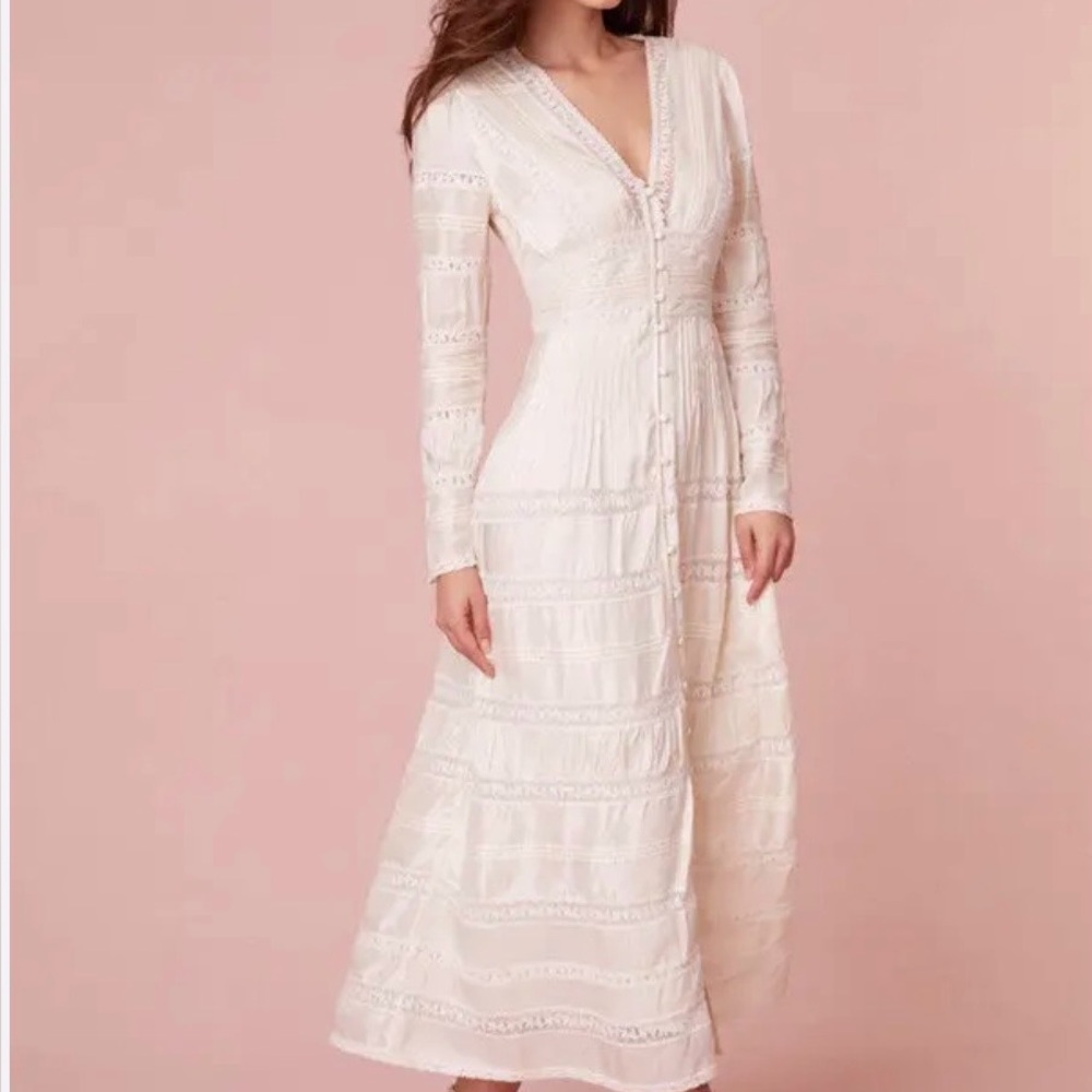 LoveShackFancy Ellitia antique white Ivory Lace-Trim Long Sleeve Maxi Dress